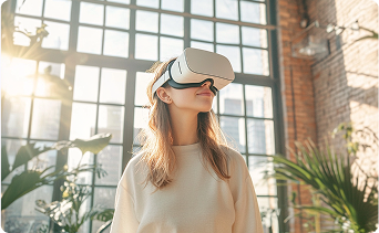 Vrouw met VR-bril bij Speak And Spoke - Specialist in zakelijke taal en interculturele communicatietrainingen.