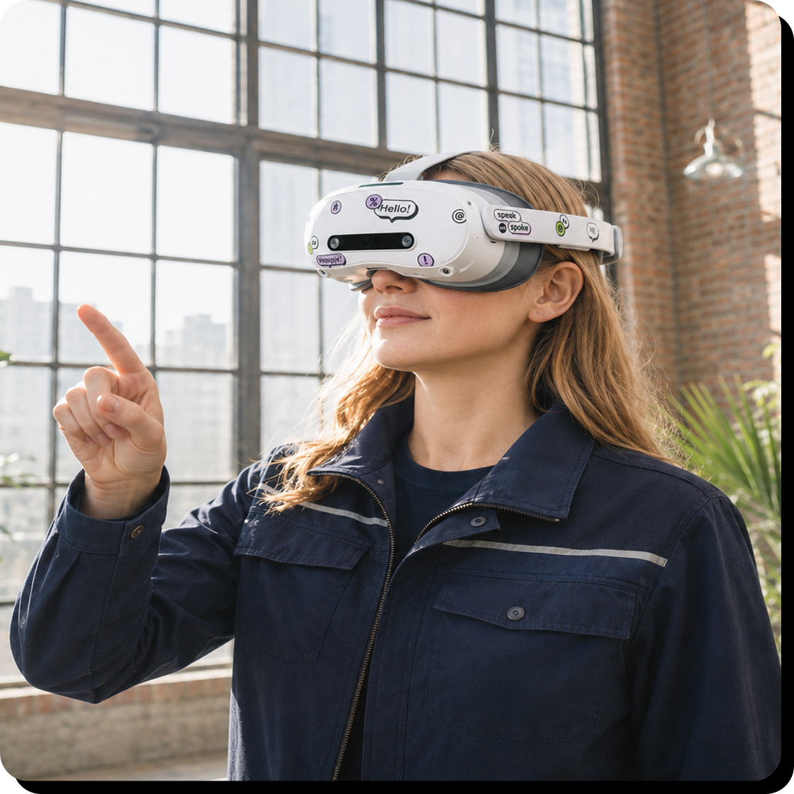 Cursiste met VR-bril oefent een werksituatie tijdens een zakelijke taaltraining